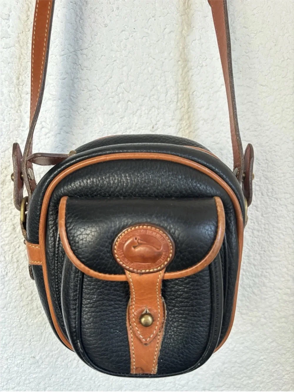 Dooney & Bourke Black Pebbled Leather Mini Crossbody with Tan Trim
